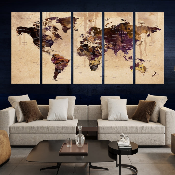 Large Push Pin World Map Detailed Map Canvas Wall Art Print Home Office Decor