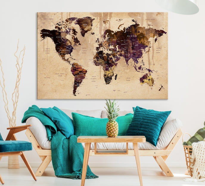 Large Push Pin World Map Detailed Map Canvas Wall Art Print Home Office Decor