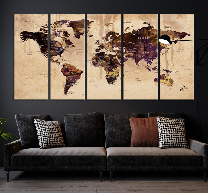 Large Push Pin World Map Detailed Map Canvas Wall Art Print Home Office Decor