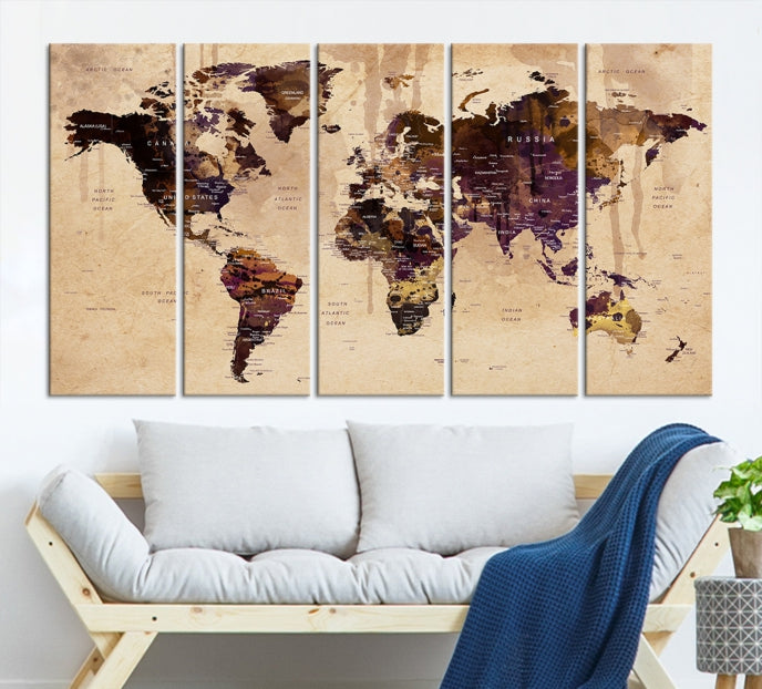 Large Push Pin World Map Detailed Map Canvas Wall Art Print Home Office Decor