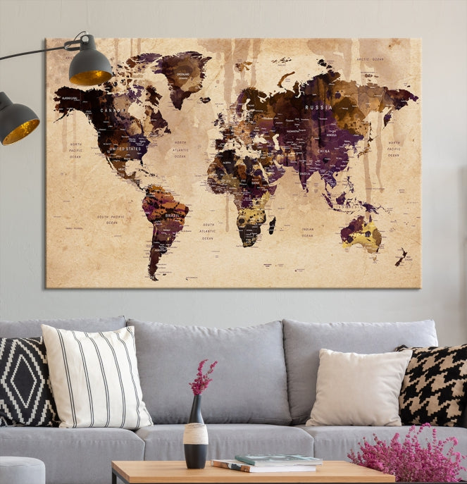 Large Push Pin World Map Detailed Map Canvas Wall Art Print Home Office Decor