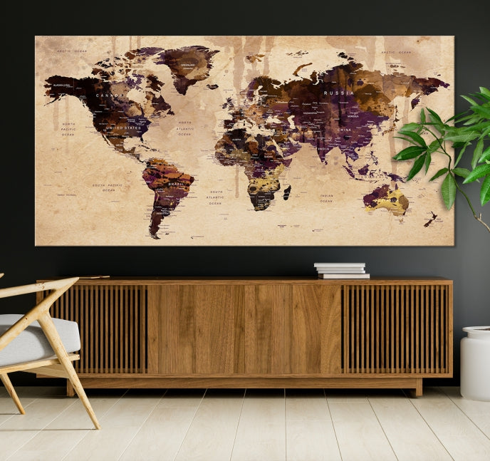 Large Push Pin World Map Detailed Map Canvas Wall Art Print Home Office Decor