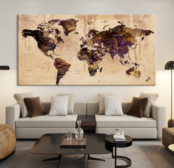 Large Push Pin World Map Detailed Map Canvas Wall Art Print Home Office Decor