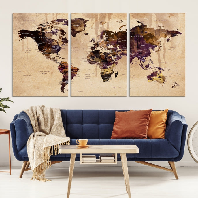 Large Push Pin World Map Detailed Map Canvas Wall Art Print Home Office Decor