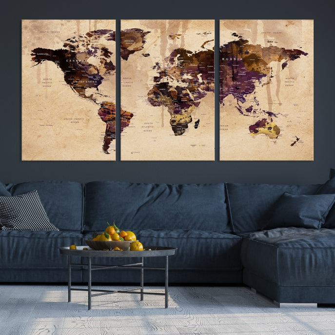 Large Push Pin World Map Detailed Map Canvas Wall Art Print Home Office Decor