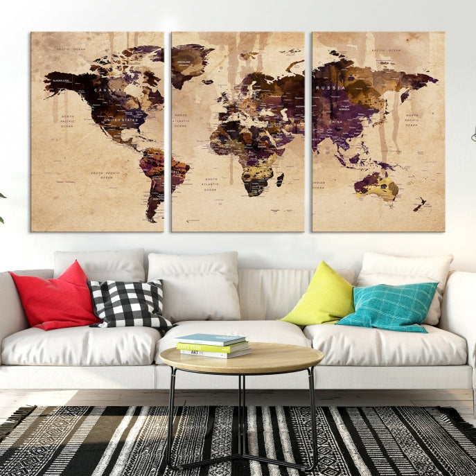 Large Push Pin World Map Detailed Map Canvas Wall Art Print Home Office Decor