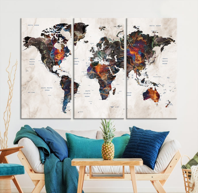 Large Push Pin World Map Painting Canvas Wall Art Print