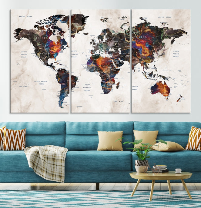 Large Push Pin World Map Painting Canvas Wall Art Print