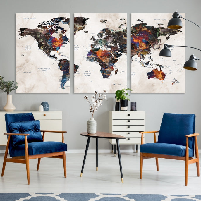 Large Push Pin World Map Painting Canvas Wall Art Print