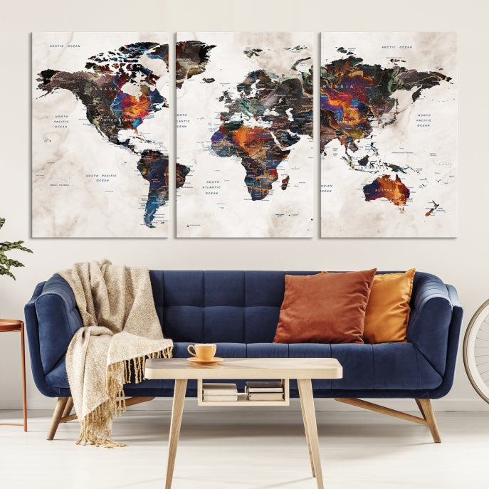 Large Push Pin World Map Painting Canvas Wall Art Print