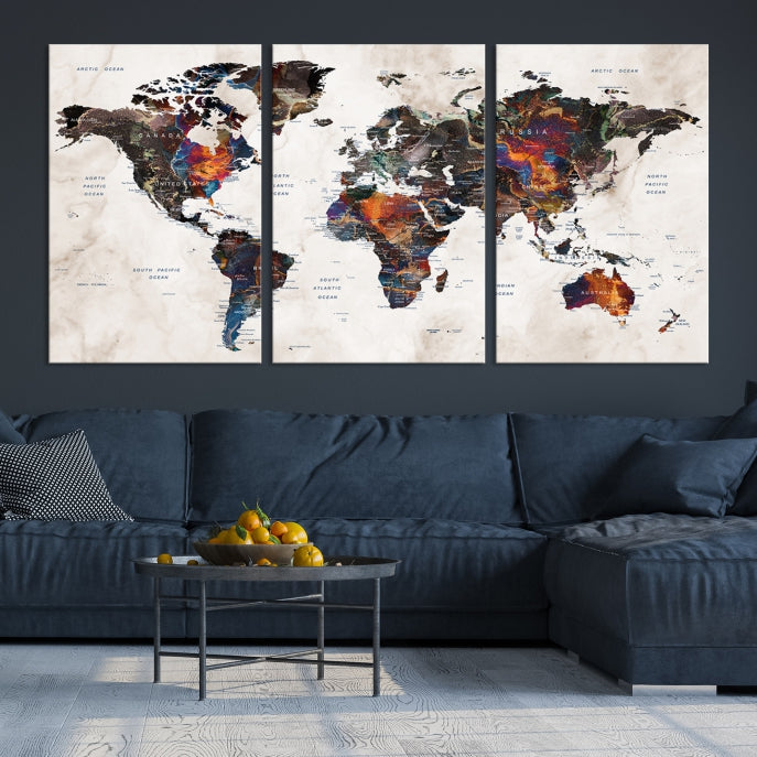 Large Push Pin World Map Painting Canvas Wall Art Print