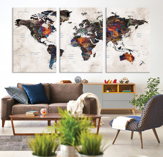 Large Push Pin World Map Painting Canvas Wall Art Print