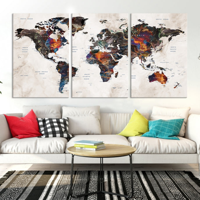 Large Push Pin World Map Painting Canvas Wall Art Print