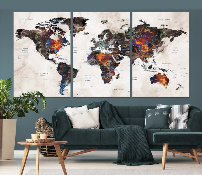 Large Push Pin World Map Painting Canvas Wall Art Print