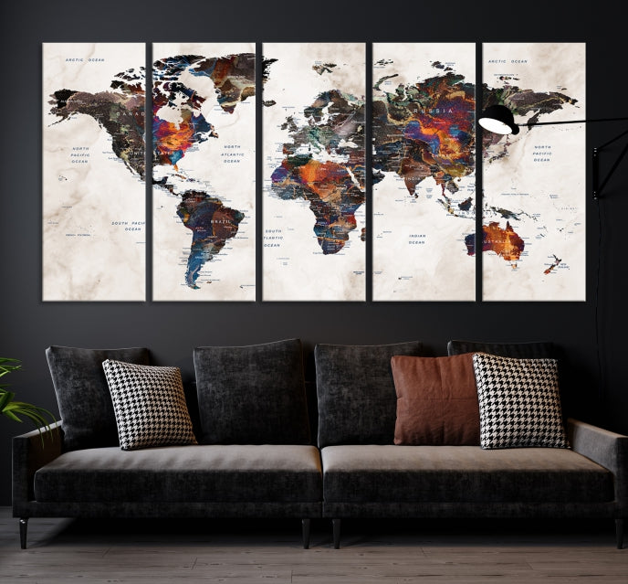 Large Push Pin World Map Painting Canvas Wall Art Print