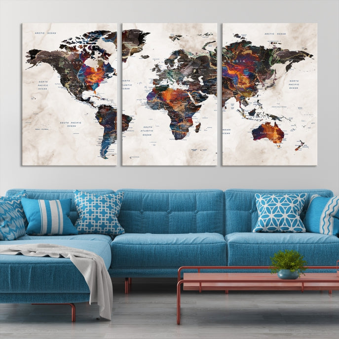 Large Push Pin World Map Painting Canvas Wall Art Print