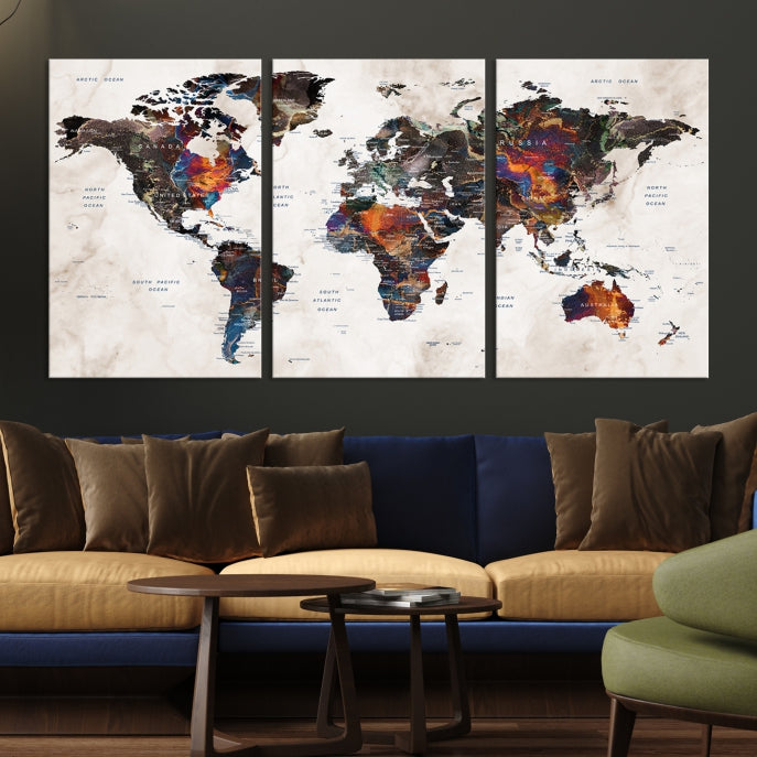 Large Push Pin World Map Painting Canvas Wall Art Print