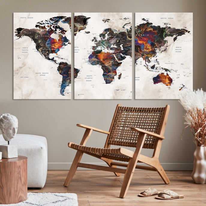 Large Push Pin World Map Painting Canvas Wall Art Print