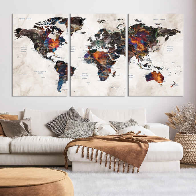 Large Push Pin World Map Painting Canvas Wall Art Print