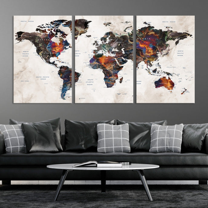 Large Push Pin World Map Painting Canvas Wall Art Print