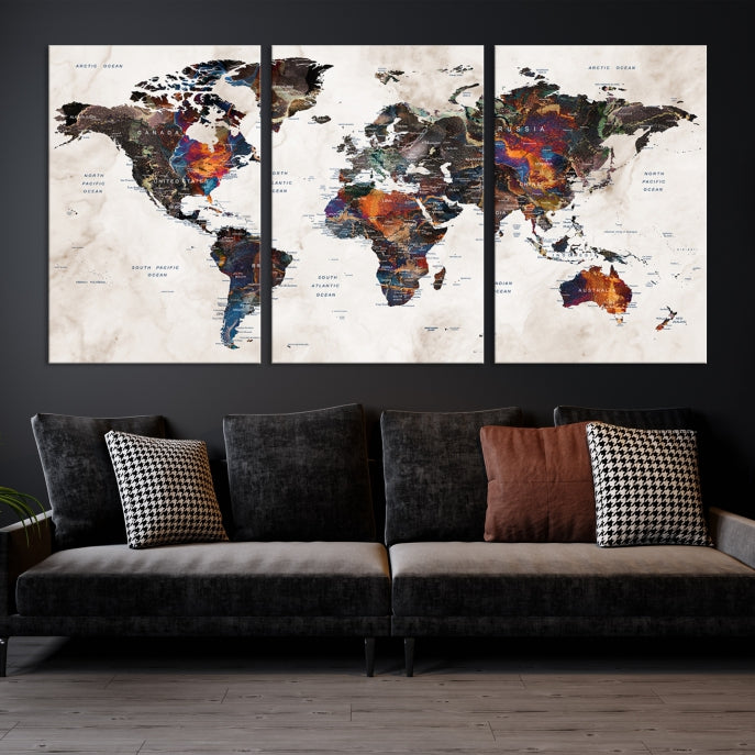 Large Push Pin World Map Painting Canvas Wall Art Print