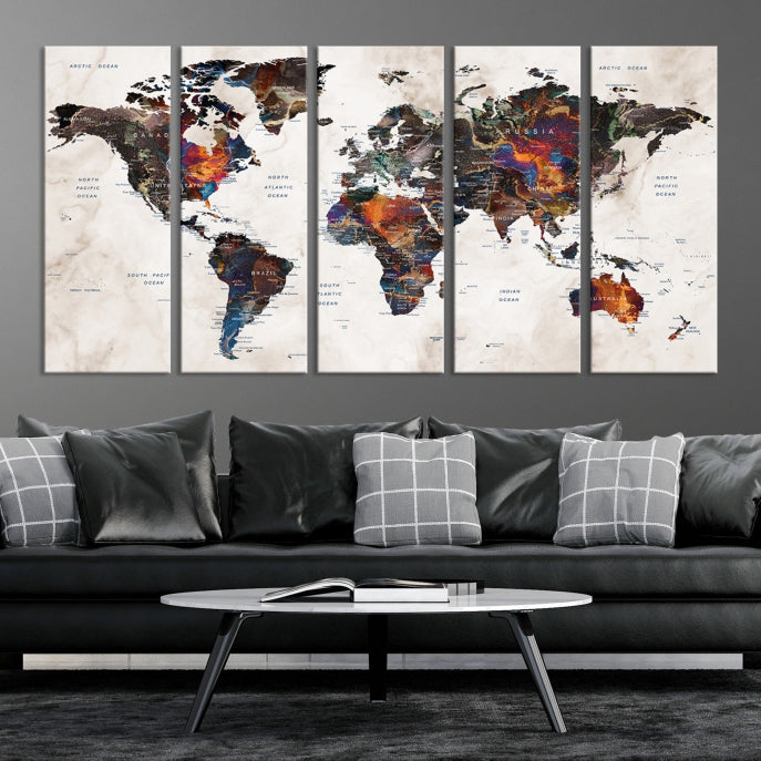 Large Push Pin World Map Painting Canvas Wall Art Print