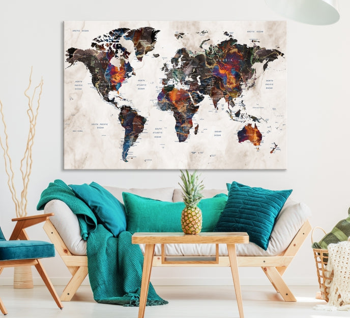 Large Push Pin World Map Painting Canvas Wall Art Print