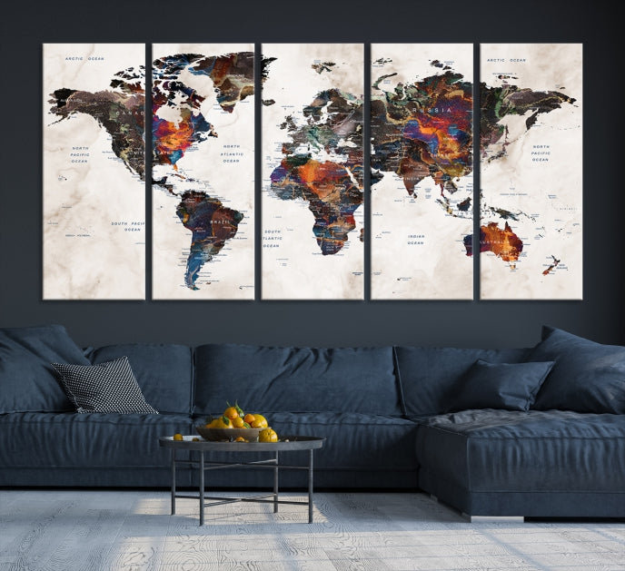 Large Push Pin World Map Painting Canvas Wall Art Print