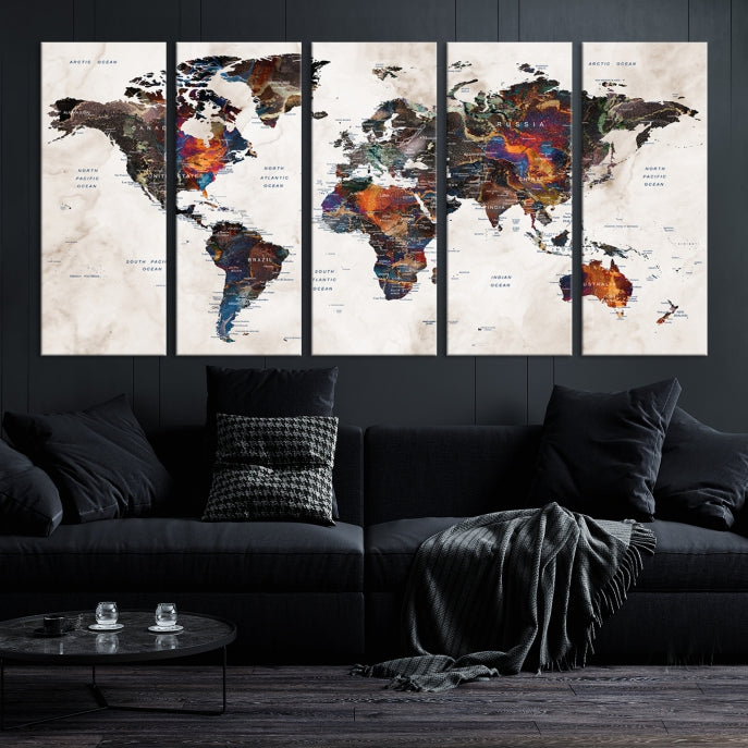 Large Push Pin World Map Painting Canvas Wall Art Print