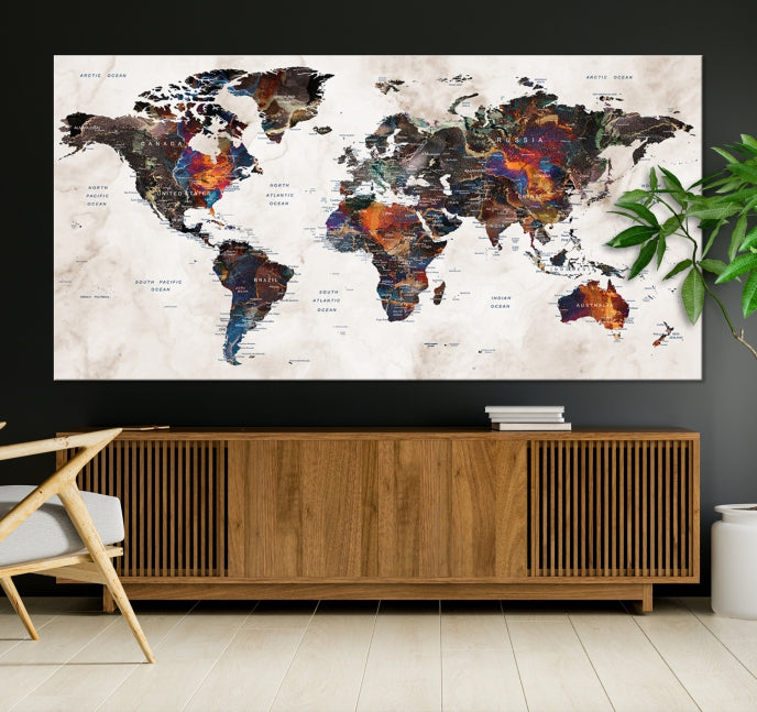 Large Push Pin World Map Painting Canvas Wall Art Print