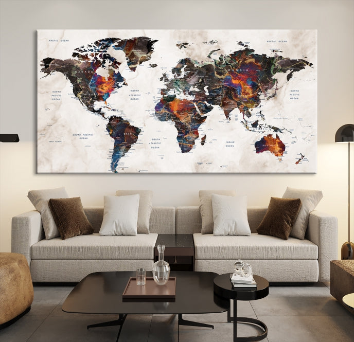 Large Push Pin World Map Painting Canvas Wall Art Print