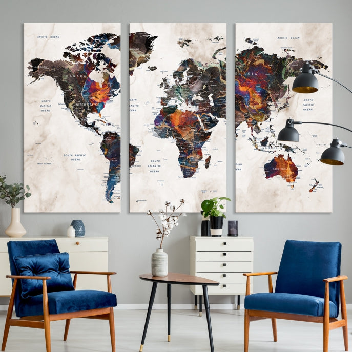 Large Push Pin World Map Painting Canvas Wall Art Print