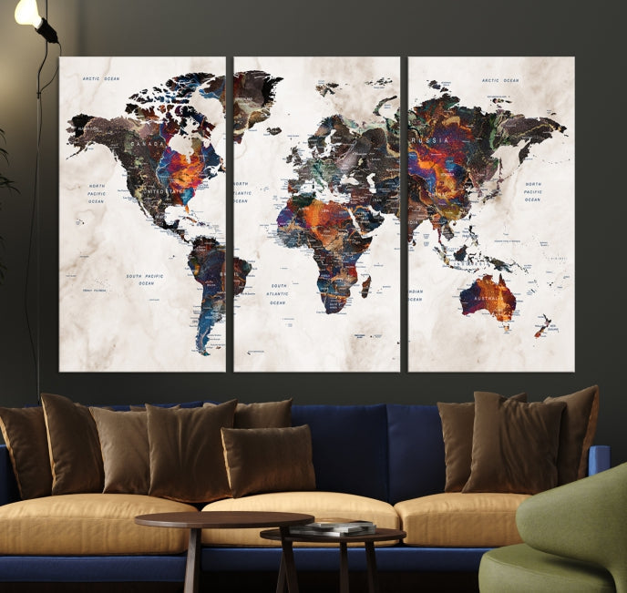 Large Push Pin World Map Painting Canvas Wall Art Print