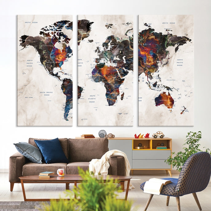 Large Push Pin World Map Painting Canvas Wall Art Print