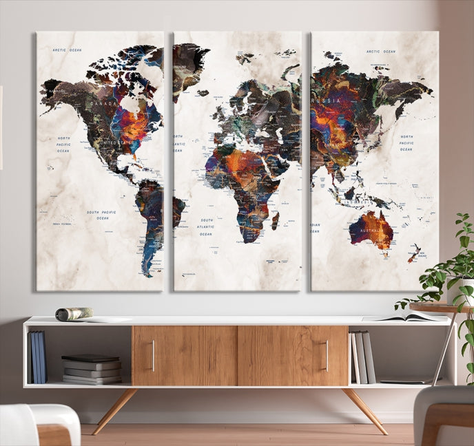 Large Push Pin World Map Painting Canvas Wall Art Print