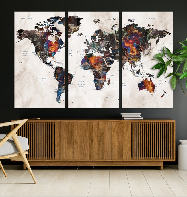 Large Push Pin World Map Painting Canvas Wall Art Print