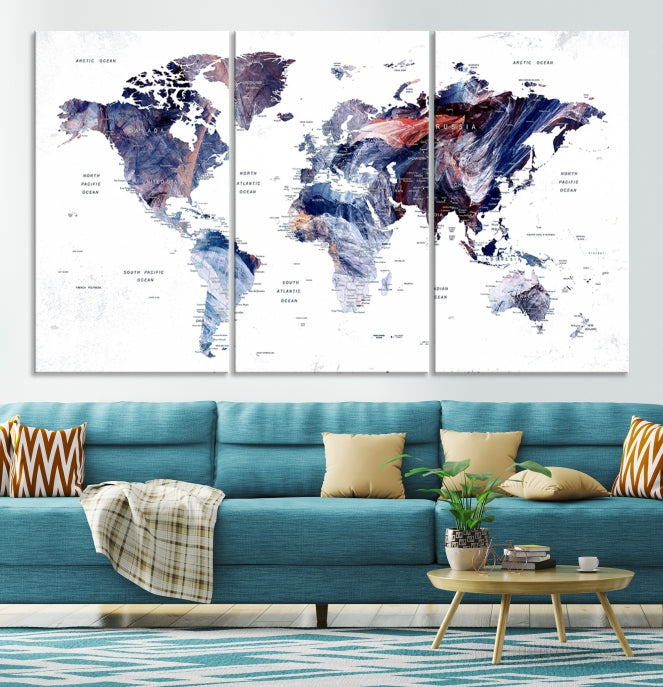 Large Push Pin World Map Wall Art Canvas Print