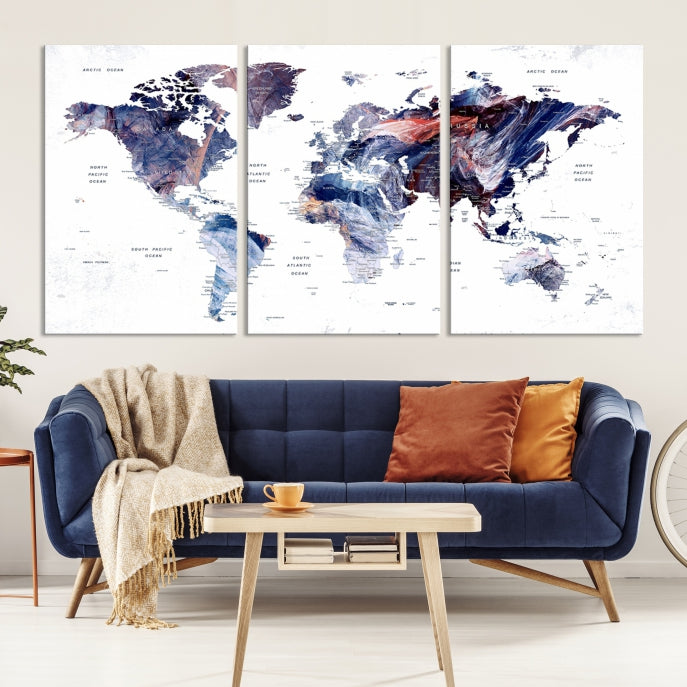 Large Push Pin World Map Wall Art Canvas Print