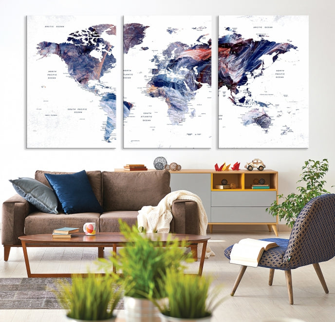 Large Push Pin World Map Wall Art Canvas Print