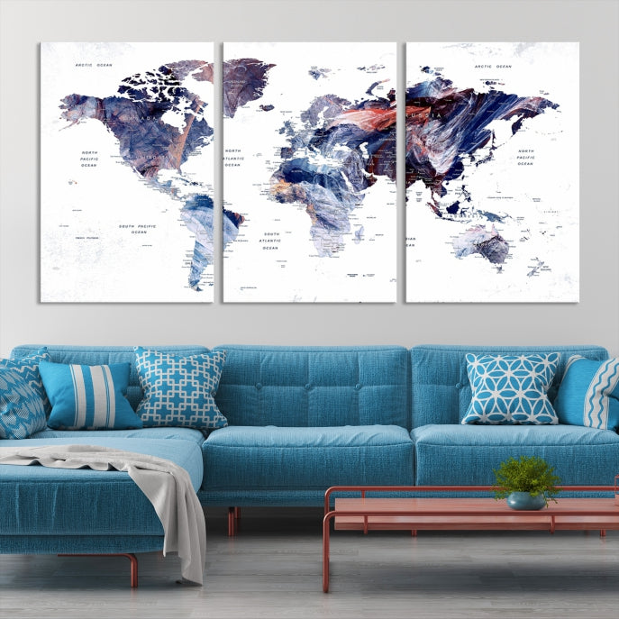 Large Push Pin World Map Wall Art Canvas Print