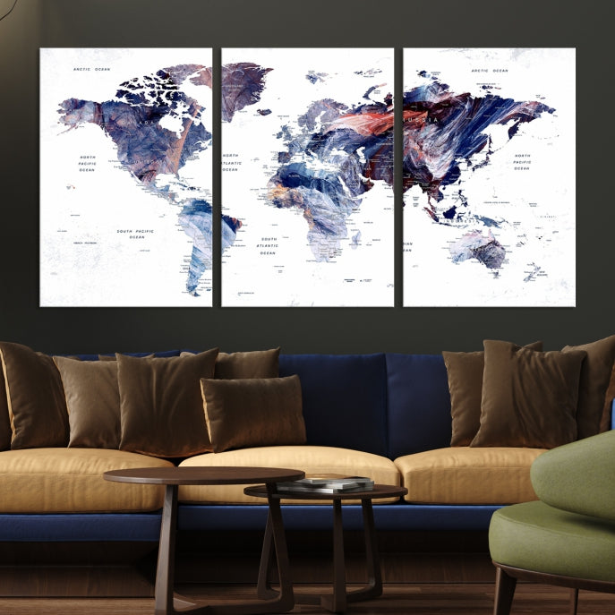 Large Push Pin World Map Wall Art Canvas Print