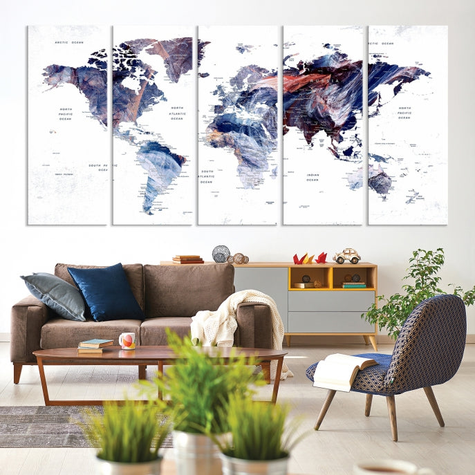 Large Push Pin World Map Wall Art Canvas Print