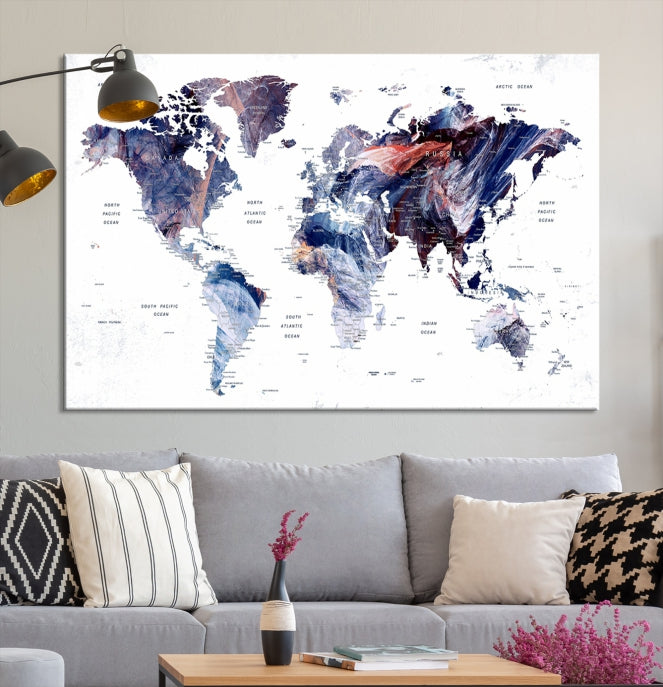 Large Push Pin World Map Wall Art Canvas Print