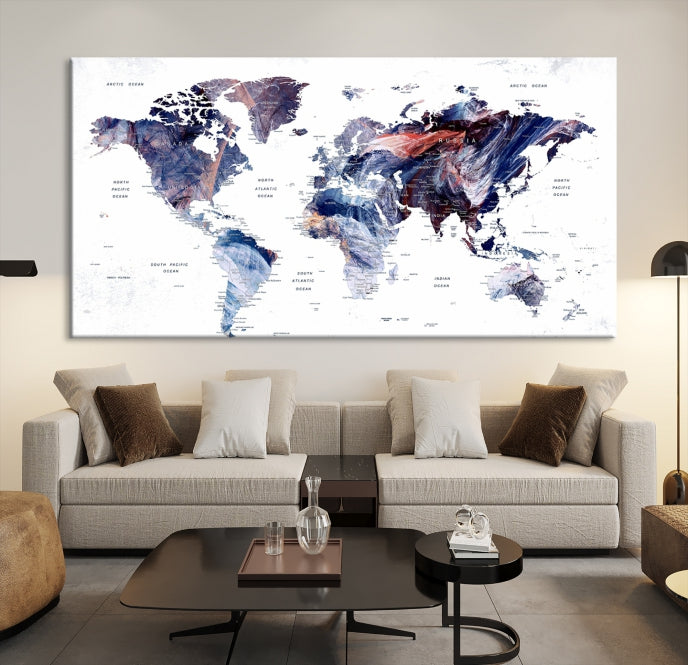 Large Push Pin World Map Wall Art Canvas Print