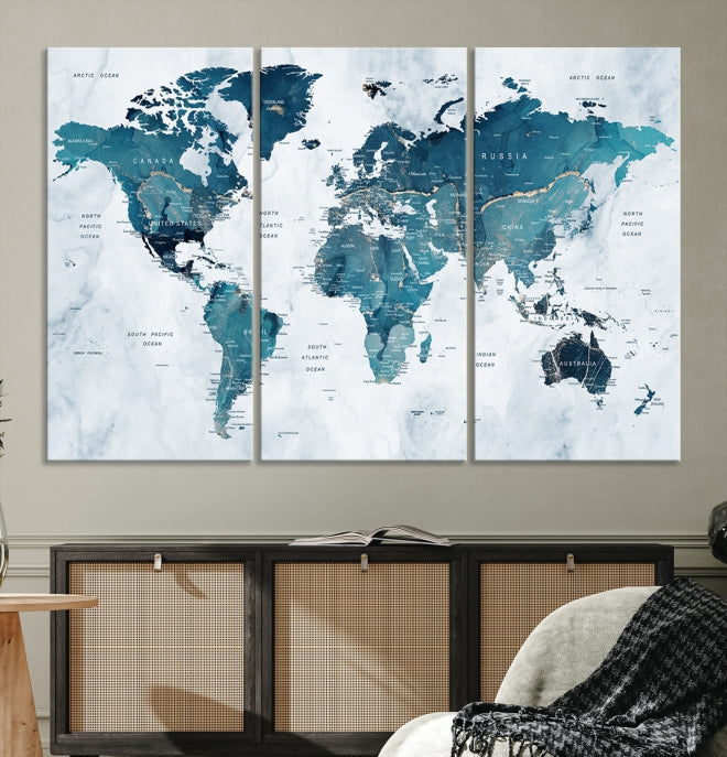 Large Push Pin World Map Watercolor Wall Art Canvas Print