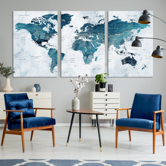 Large Push Pin World Map Watercolor Wall Art Canvas Print