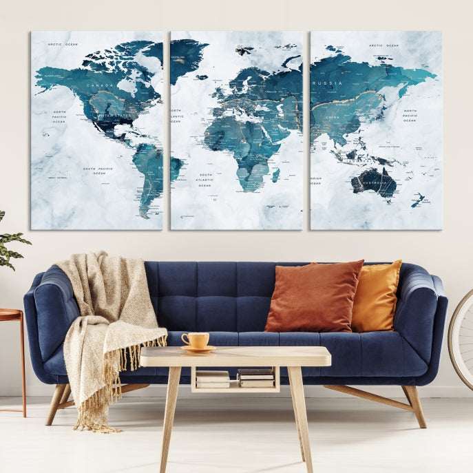 Large Push Pin World Map Watercolor Wall Art Canvas Print