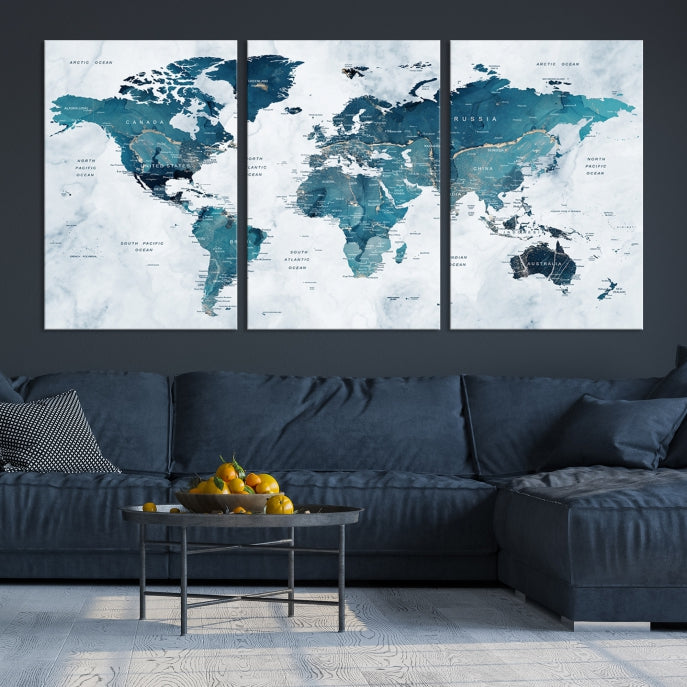 Large Push Pin World Map Watercolor Wall Art Canvas Print