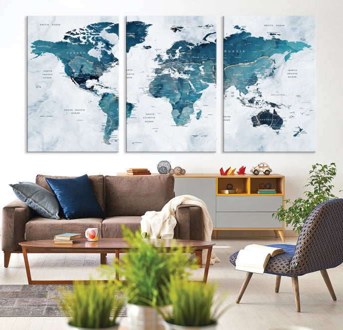 Large Push Pin World Map Watercolor Wall Art Canvas Print