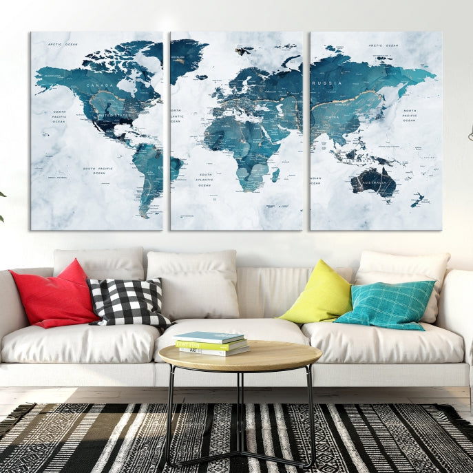 Large Push Pin World Map Watercolor Wall Art Canvas Print